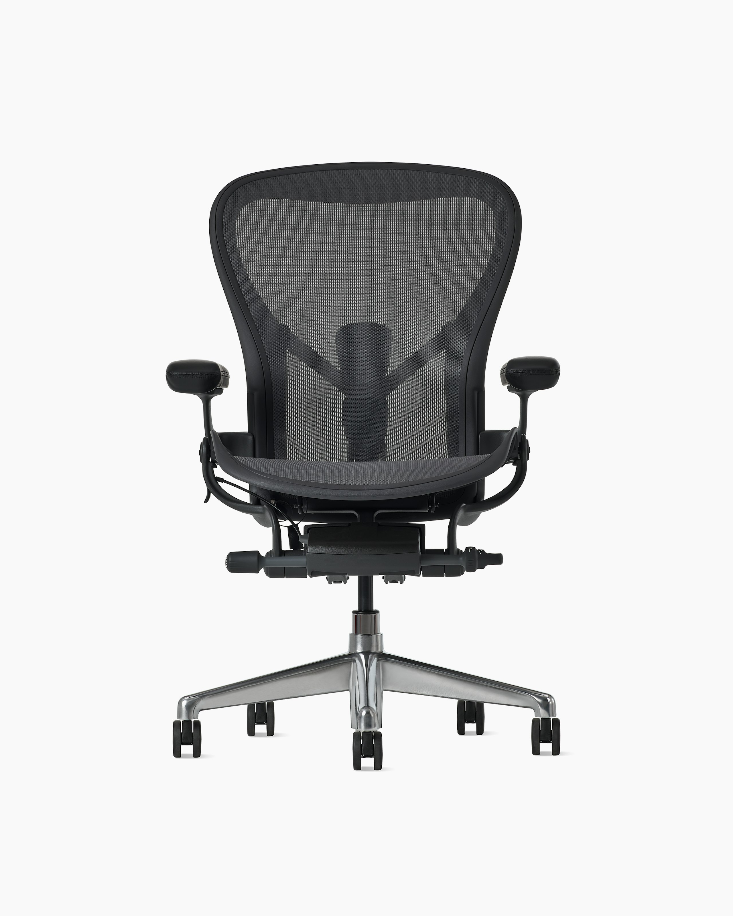 Front view of an Aeron ESD chair in size C, granite frame and suspension and polished base.