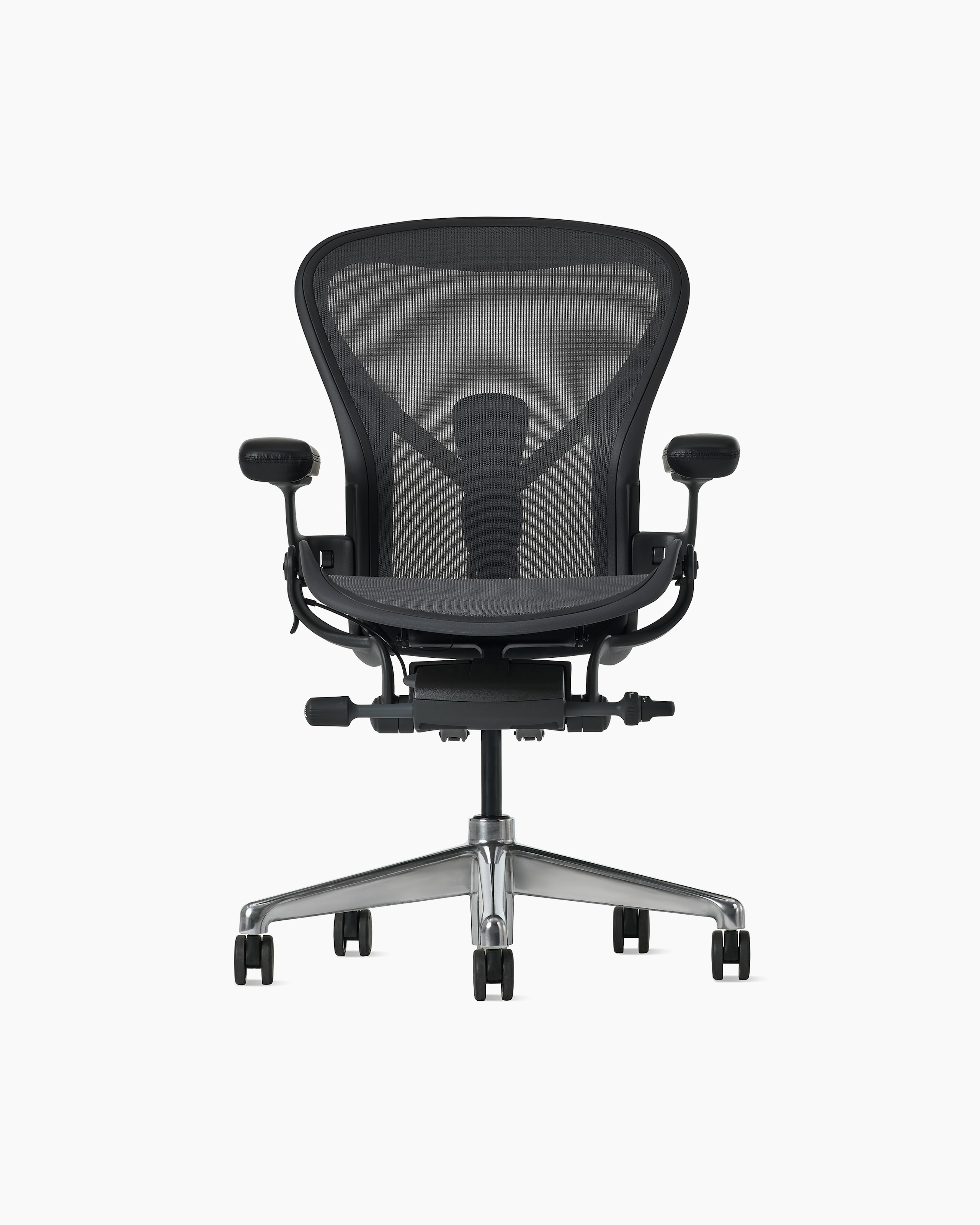 Front view of an Aeron ESD chair in size B, granite frame and suspension and polished base.