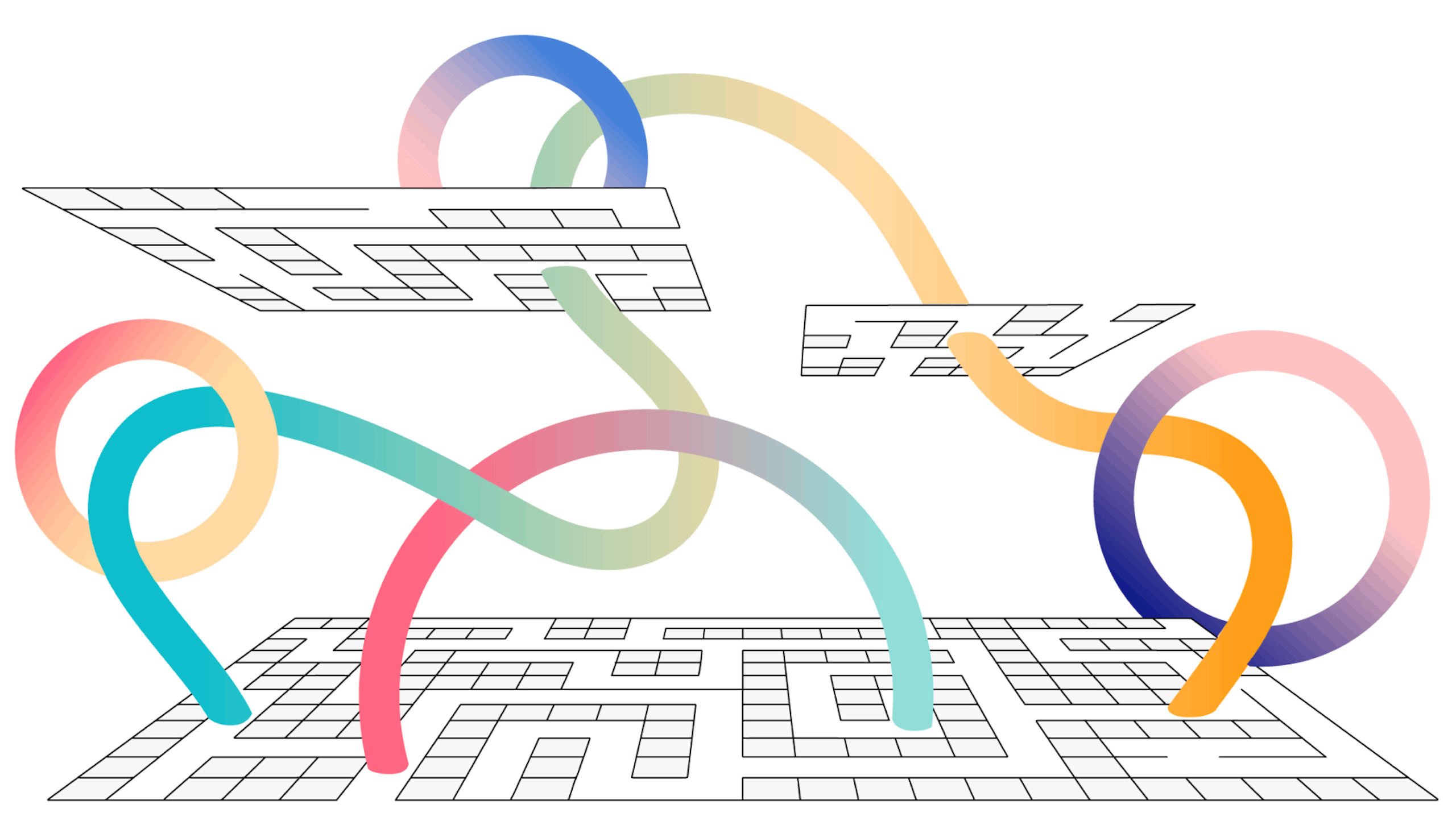 A multicolored illustration of circles and lines that represent building connections across distributed teams